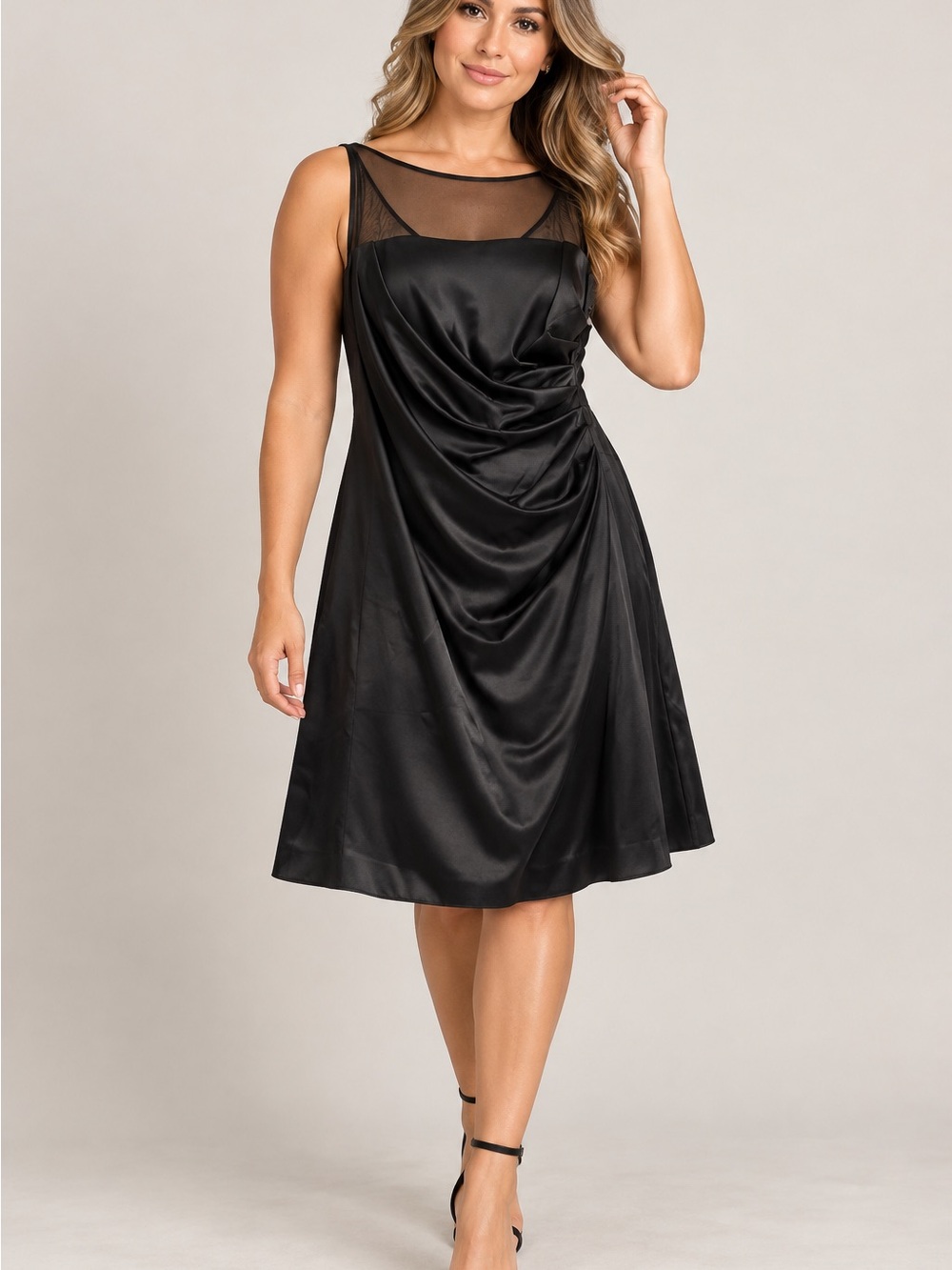 Onyx Nite Size 12 Black Satin Ruched Draped Mesh Cocktail Party Dress NWT.